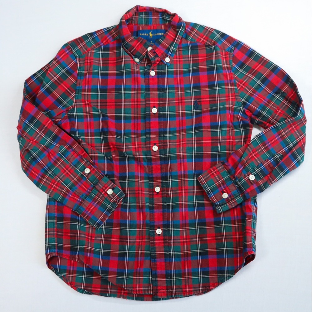 Ralph Lauren Tartan Plaid Button Down Shirt Kids Size 6 Red Blue Green LS Preppy